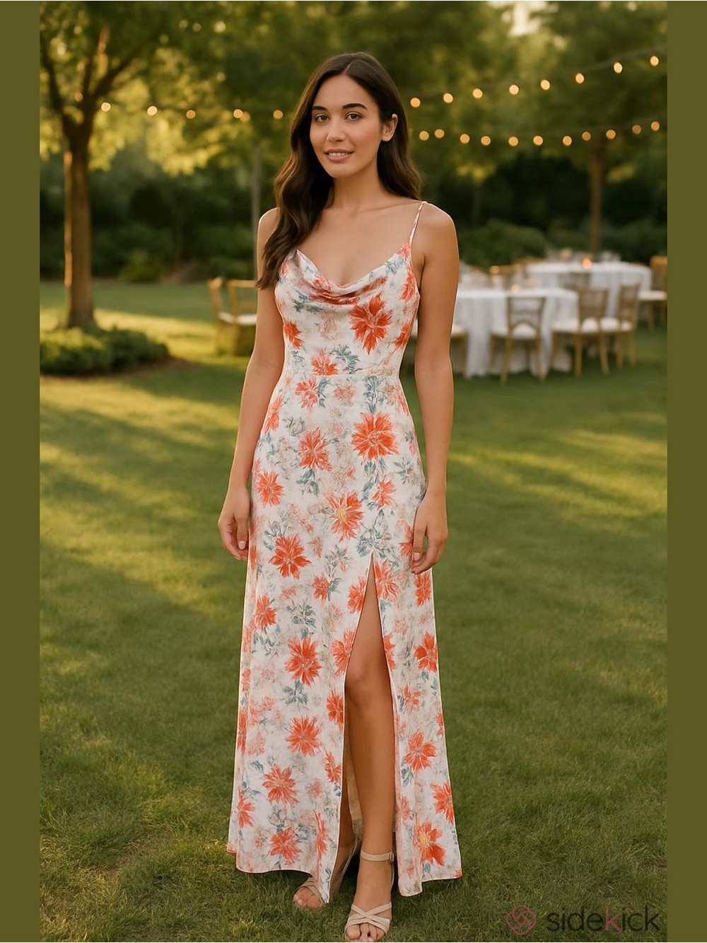Paper Heart Floral Cowl Neck Maxi Satin Slip Dress in Coral M Romantic Flirty